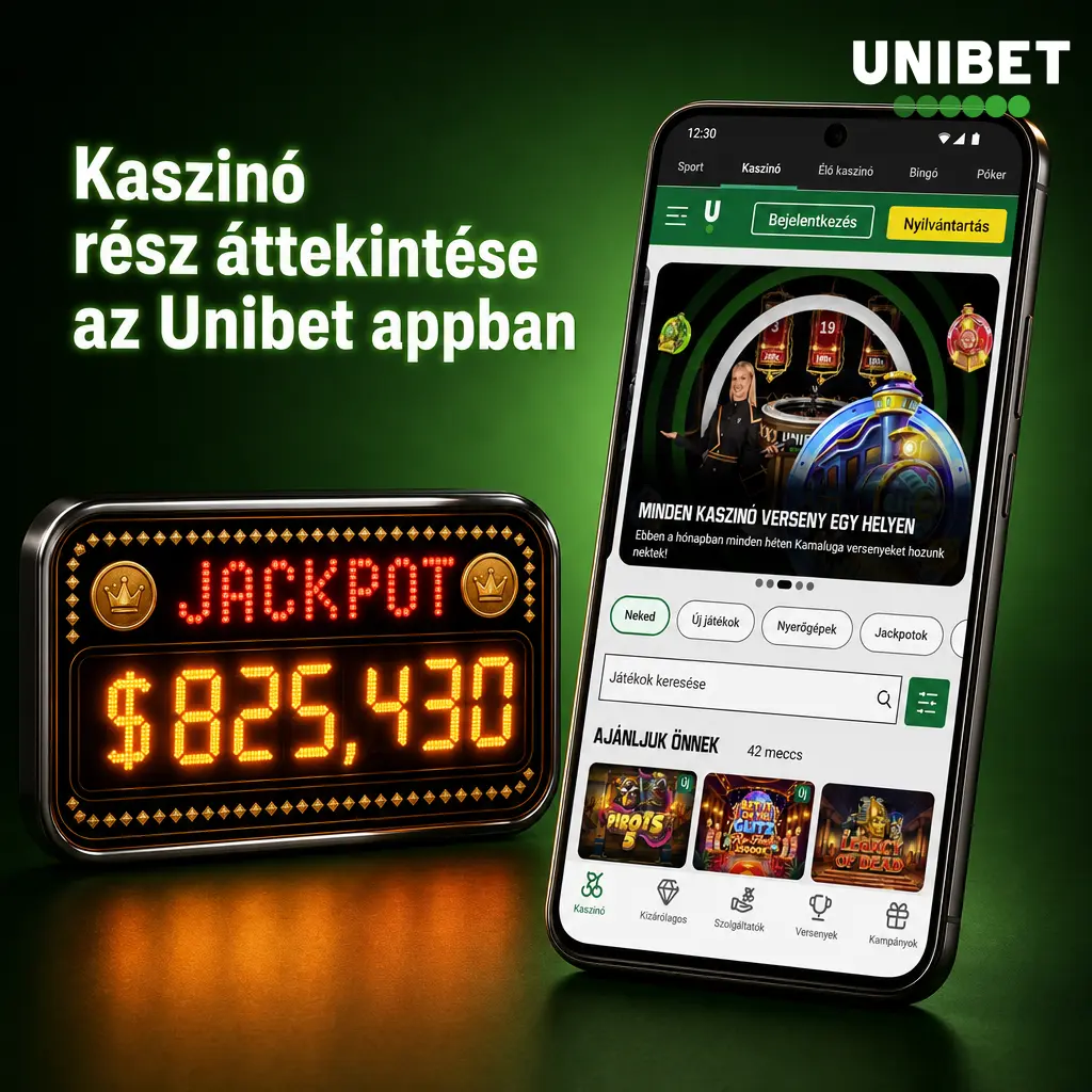 Unibet app kaszinó lobby mobilon, nyerőgépek, élő játékok, demó mód és gyors kereső áttekintése