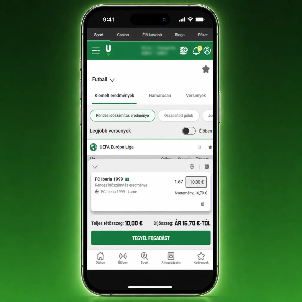 Unibet sportfogadás lépései kaszinó fiókból, odds kiválasztása és HUF tét megadása