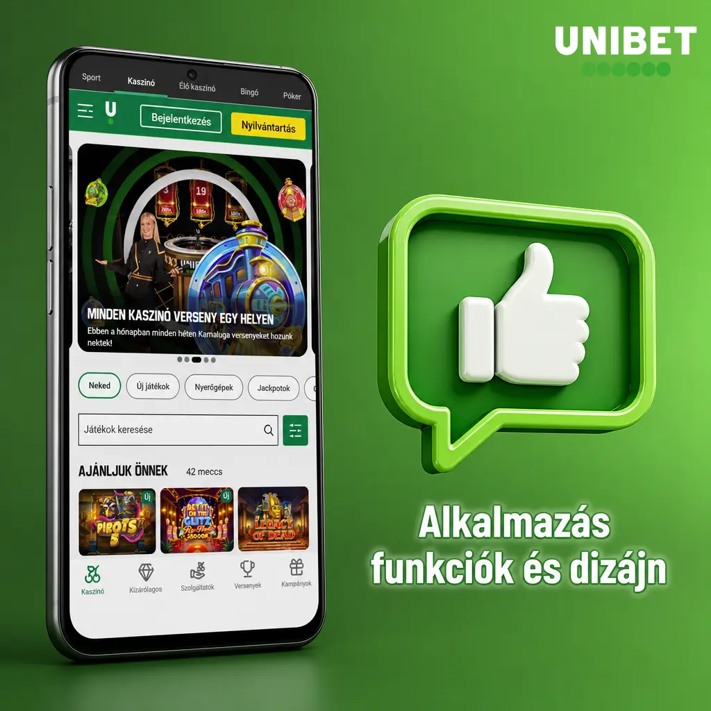 Unibet Hungary app zöld-fekete felülete sport, kaszinó, élő fogadás és pénztár menükkel