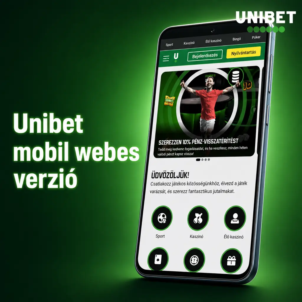 Unibet mobil webes verzió telefonon, sportfogadás, kaszinó, élő fogadás és pénztár funkciókkal