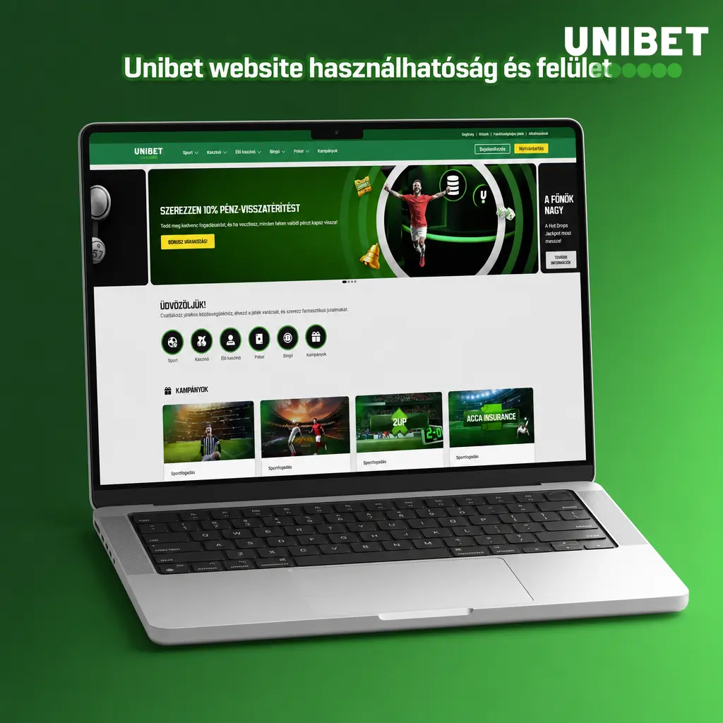 Unibet weboldal zöld-fehér felülettel, felső sport és kaszinó menükkel, jobb oldali szelvénnyel